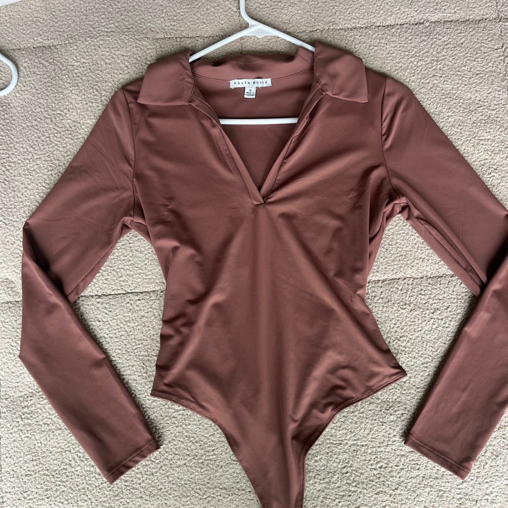 collared brown fitted body suit